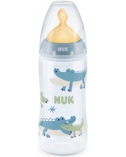 Шише Nuk First Choice - Temperature control, с каучуков биберон, 300 ml, синьо, крокодили