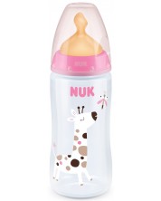 Шише Nuk First Choice - Temperature control, с каучуков биберон, 300 ml, розово, жираф