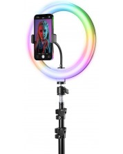 Статив Cellularline - Pro Multicolor, LED ринг, за телефон, черен