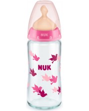 Стъклено шише с каучуков биберон Nuk - First Choice, TC, 240 ml, розово