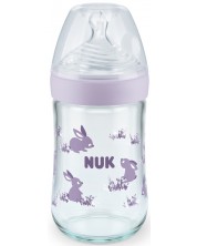 Стъклено шише Nuk - Nature Sense, със силиконов биберон М, 240 ml, лилаво -1