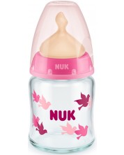 Стъклено шише с каучуков биберон Nuk - First Choice, TC, 120 ml, розово