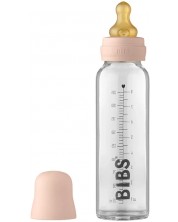 Стъклена бебешка бутилка с аксесоари Bibs - 225 ml, розова