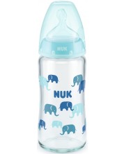 Стъклено шише със силиконов биберон Nuk - First Choice, TC, 240 ml, синьо -1