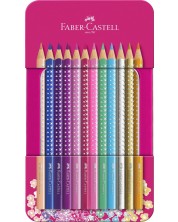 Цветни моливи Faber-Castell Sparkle - 12 цвята, метална кутия