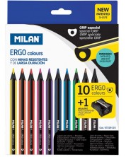 Цветни моливи Milan Ergo - 3.5 mm, 10 цвята + острилка