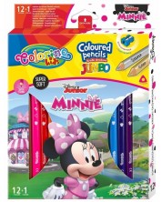 Цветни моливи Colorino Disney - Junior Minnie Jumbo, 12 + 1 цвята и острилка