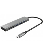 USB хъб Trust - Halyx, 3 порта/Micro SD/SD, USB-C, сив -1