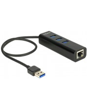 USB хъб Delock - 62653, 3 порта, USB3.0, RJ45, черен