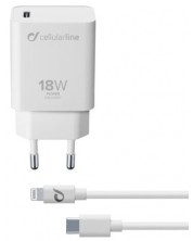 Зарядно устройство Cellularline - PD, USB-C, кабел Lightning, 18W, бяло -1