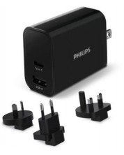 Зарядно устройство Philips - DLP2621T/00, USB-A, USB C, 30W, черно -1
