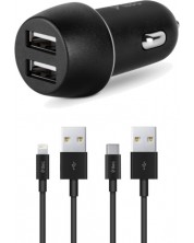 Зарядно за кола ttec - SmartCharger Duo, кабели USB-C и Lightning, черно