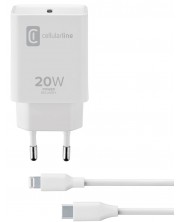 Зарядно устройство Cellularline - PD, USB-C, кабел Lightning, 20W, бяло