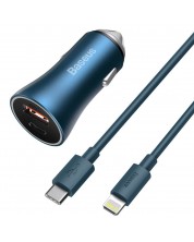 Зарядно за кола Baseus - Golden Contactor Pro, USB-A/C, 40W, синьо -1