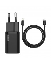 Зарядно устройство Baseus - Super Si, USB-C, кабел Lightning, 20W, черно -1