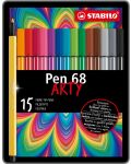 Флумастери Stabilo Arty - Pen 68, 15 цвята, метална кутия - 1t