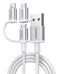 Кабел Ugreen - US186, USB А/USB-C/Lightning, 1 m, сребрист - 1t
