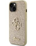 Калъф Guess - Fixed Glitter 4G Metal Logo, iPhone 15, златист - 3t