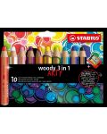 Комплект цветни моливи Stabilo Woody 3 in 1 - Arty, 10 цвята, с острилка - 1t