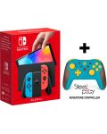 Nintendo Switch OLED - Red & Blue + Steelplay Adventure Wireless Controller Bundle - 1t