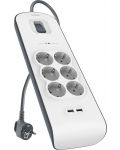 Разклонител Belkin - BSV604vf2M, 6 гнезда, 2xUSB-A, бял/сив - 2t