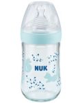 Стъклено шише Nuk - Nature Sense, със силиконов биберон М, 240 ml, синьо - 1t
