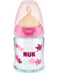 Стъклено шише с каучуков биберон Nuk - First Choice, TC, 120 ml, розово - 1t