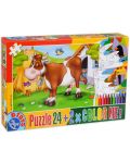 Пъзел D-Toys от 24 части с 2 картини за оцветяване и пастели - Крава - 1t
