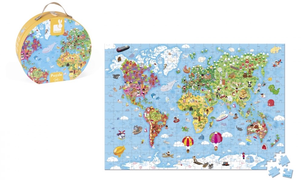 Детски гигантски пъзел Janod - Карта на света, в куфар