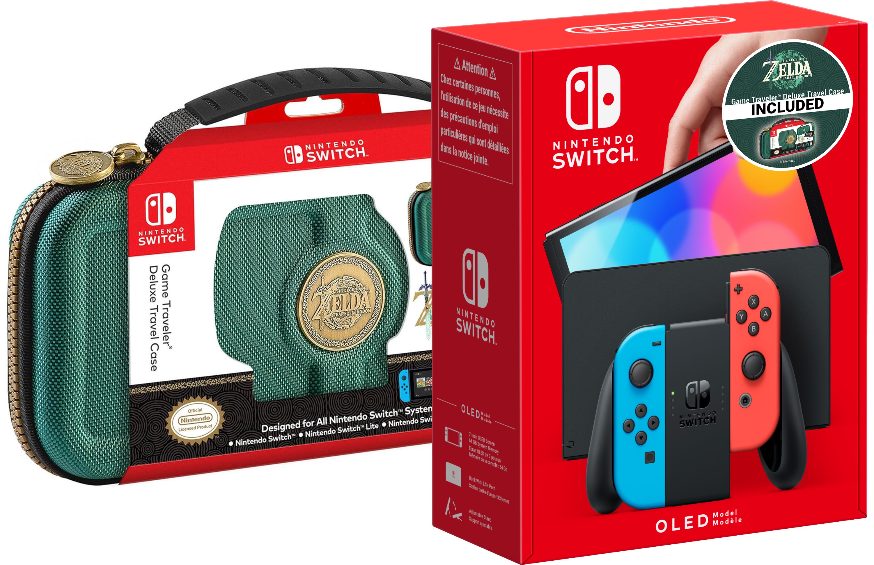Nintendo Switch OLED - Neon Red & Neon Blue + Zelda Travel Case