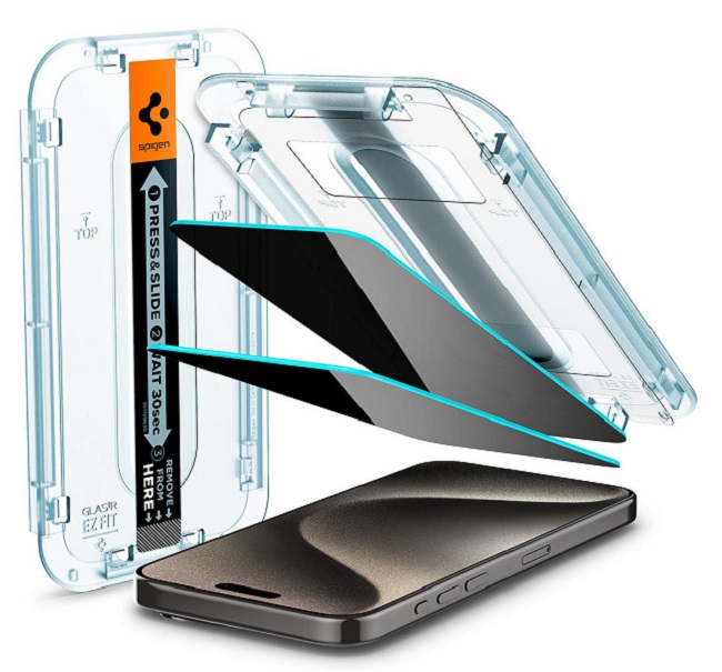 Стъклен протектор Spigen - tR EZ Fit Privacy, iPhone 15 Pro Max