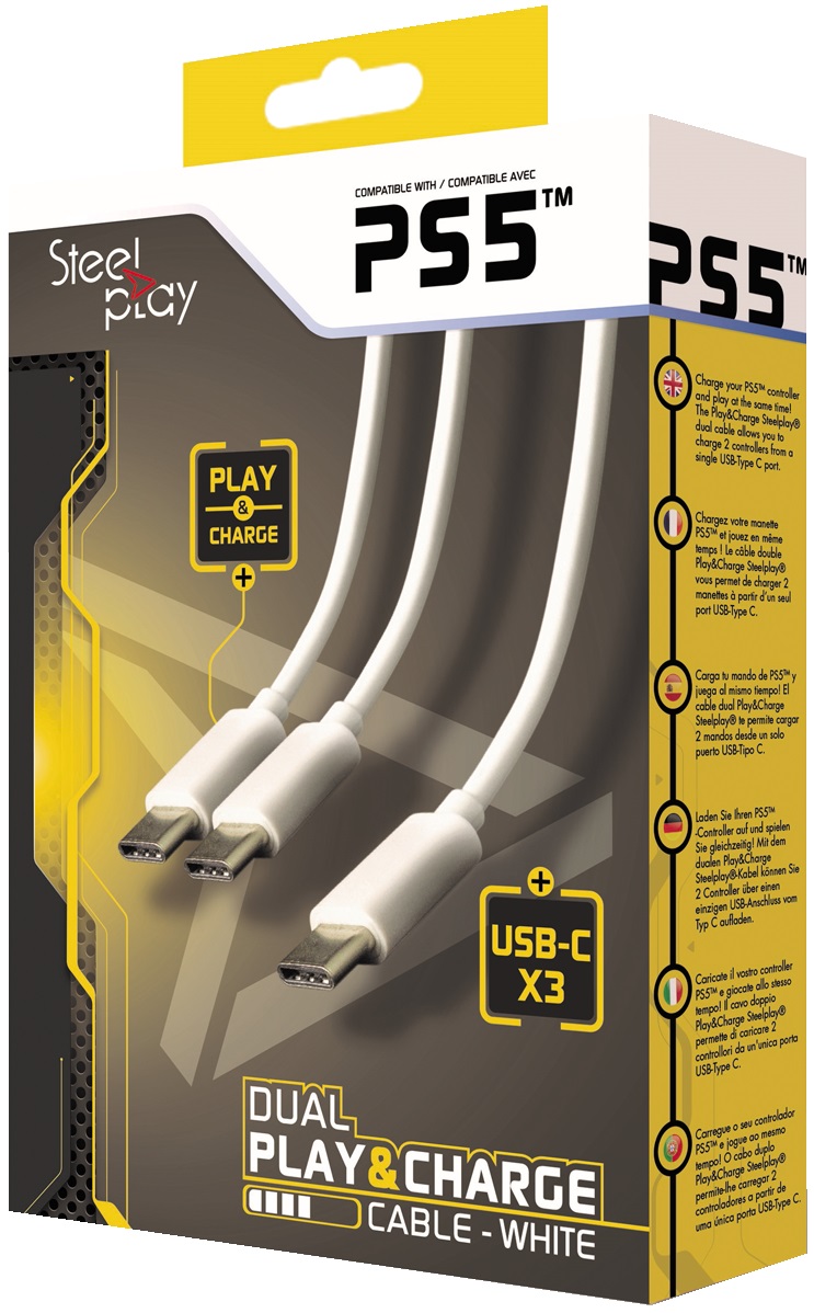 Кабел Steelplay - Dual Play & Charge, Type-C, 3 m, бял (PS5)