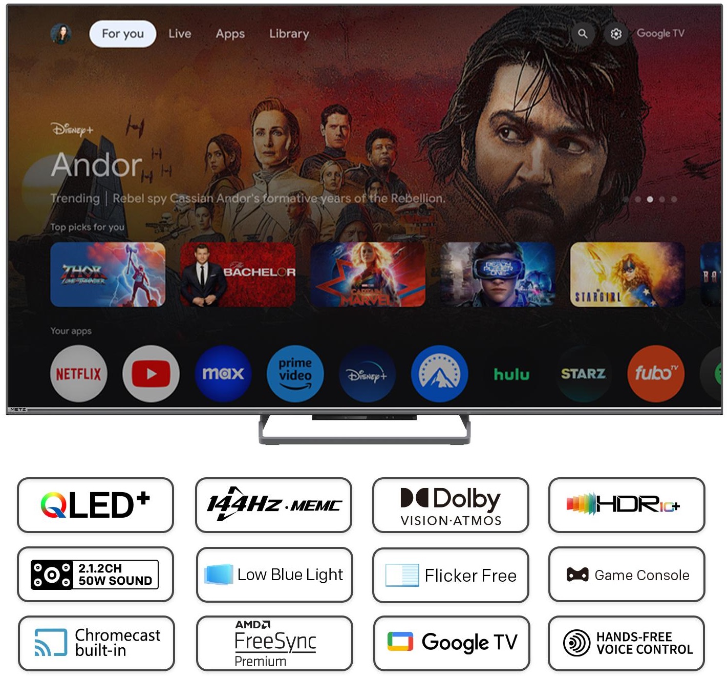    Smart TV METZ - 55MQE8000Z, 55'', QLED, 4K, 144Hz, black