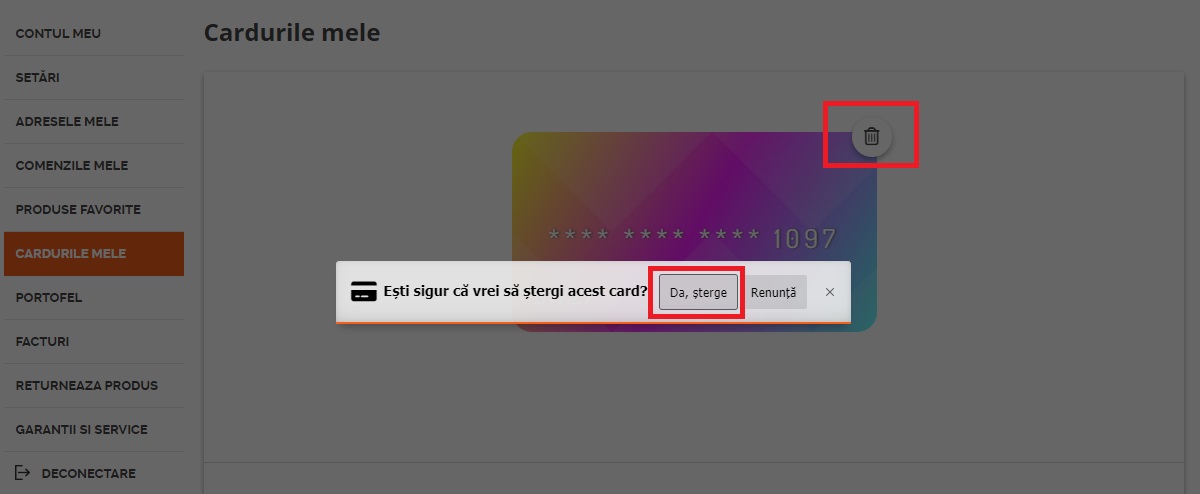 Ștergerea unui card din contul tău Ozone.ro